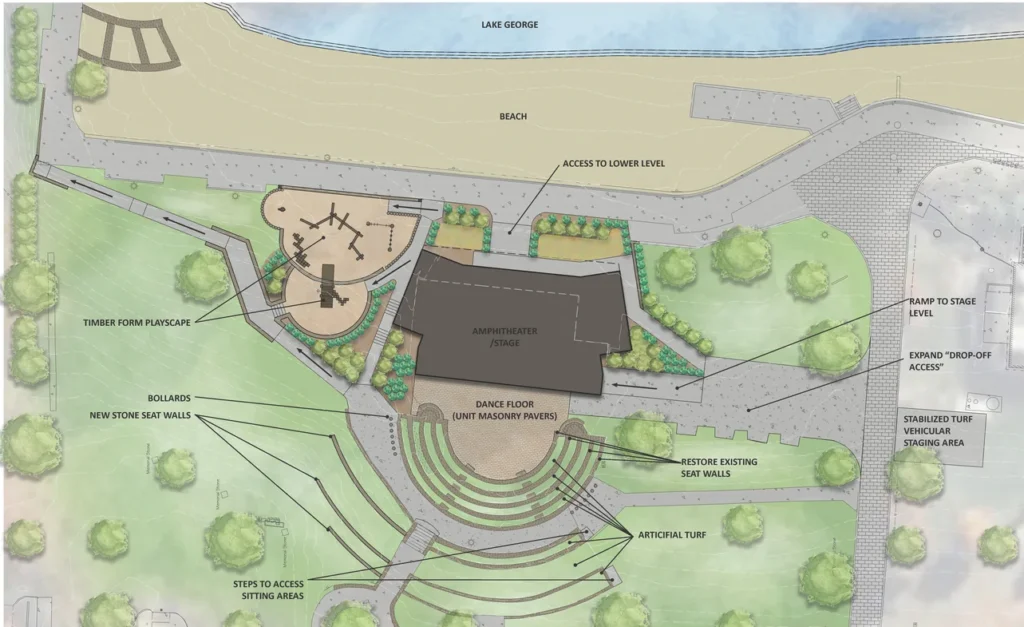 Master plan for Lake George waterfront site with amphitheater, timber playscape, seating areas, and beach access