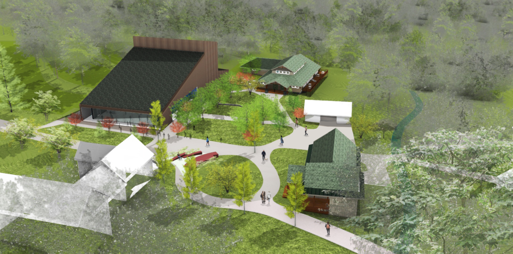 Aerial site design rendering with mixed-use buildings, landscaped pathways, green spaces, and pedestrian activity among