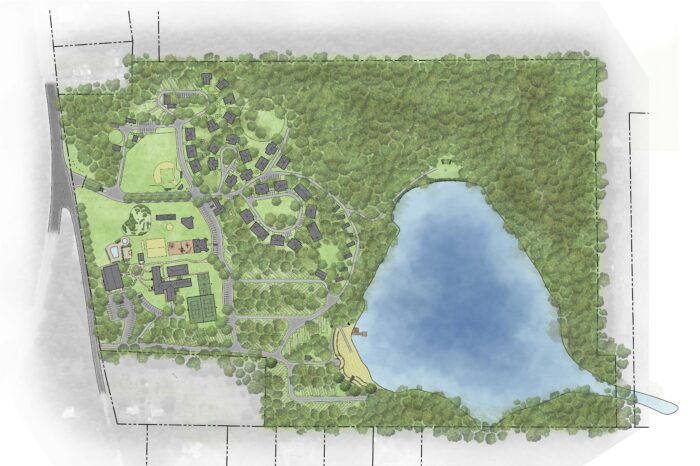 Master plan showing residential site design with lake, preserved forest, and recreational facilities