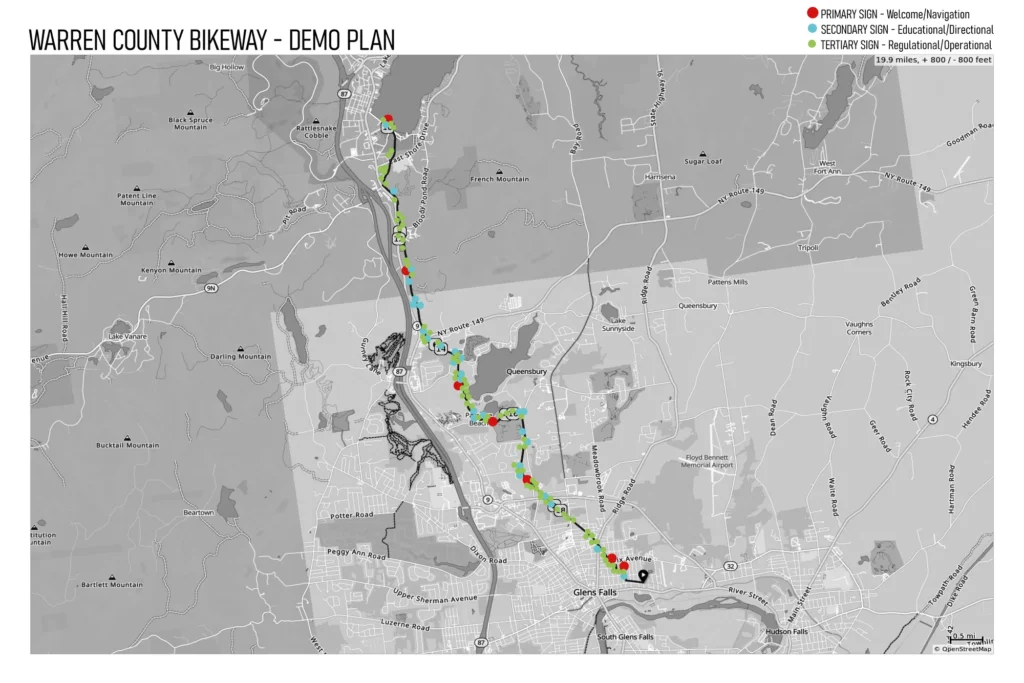 Warren County bikeway demonstration plan map showing multi-mile route with primary, secondary, and tertiary signage