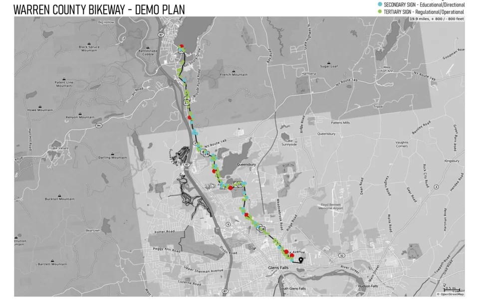 Warren County bikeway demonstration plan map showing multi-mile route with primary, secondary, and tertiary signage