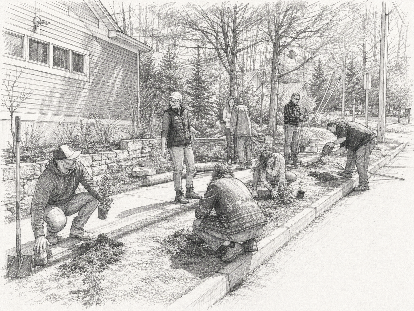 Team planting trees and installing landscaping in residential yard with raised beds and evergreens