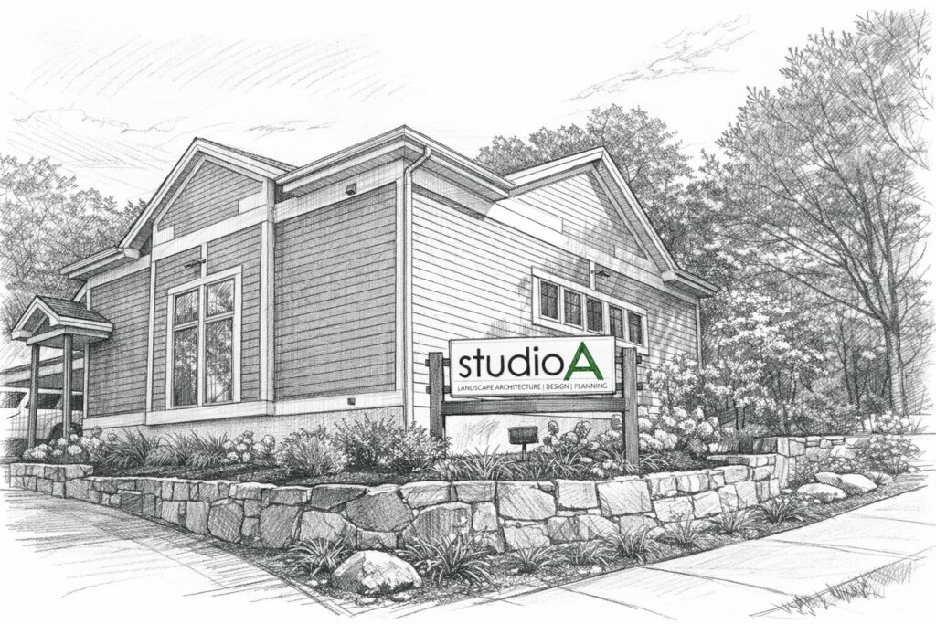 Studio A landscape architecture office with stone wall, native plantings, and professional signage in architectural sketch